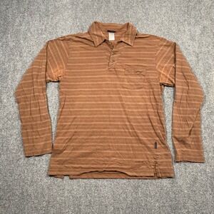 Patagonia Organic Cotton Long Sleeve Striped Polo Shirt Men's S Brown Pocket